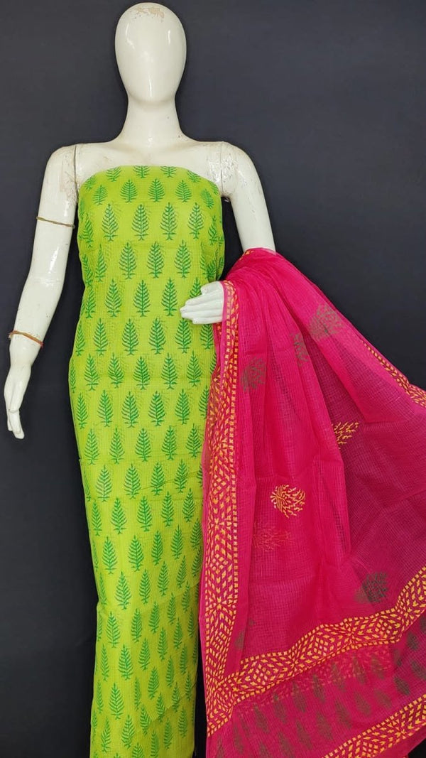 Kota Doria Hand Block Printed Suit with Contrast Dupatta - Leheriya