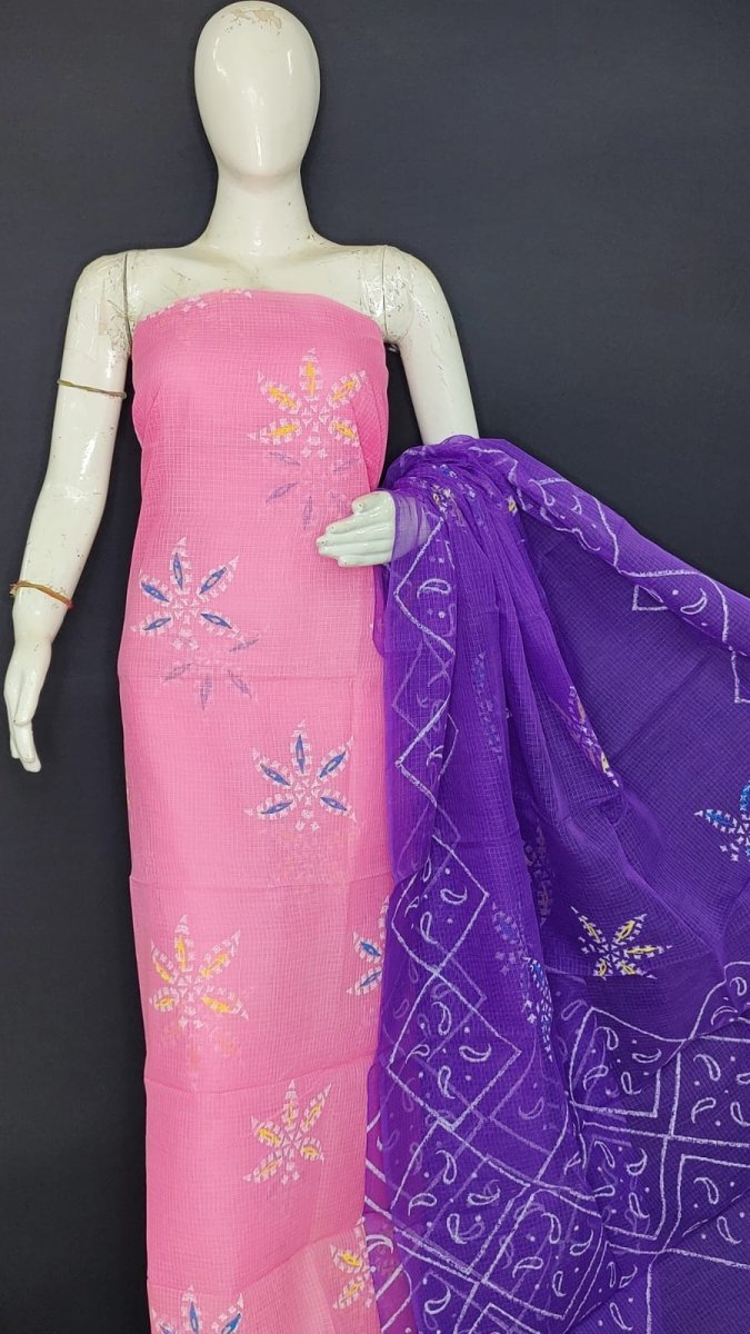 Kota Doria Hand Block Printed Suit with Contrast Dupatta - Leheriya