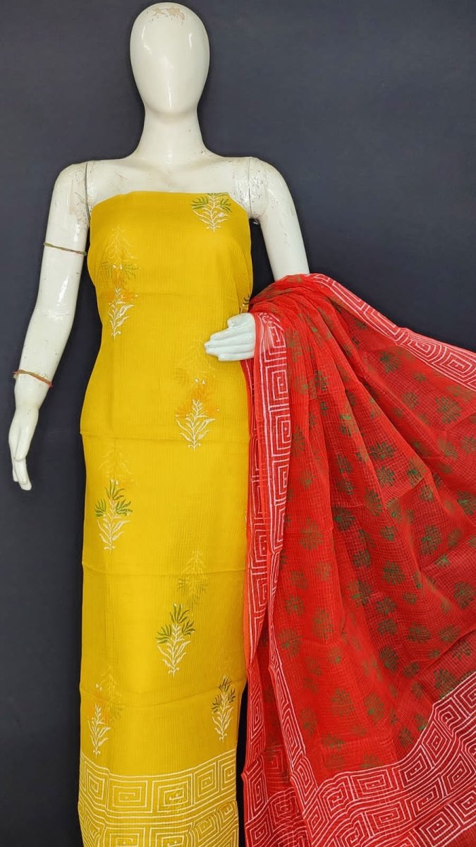 Kota Doria Hand Block Printed Suit with Contrast Dupatta - Leheriya