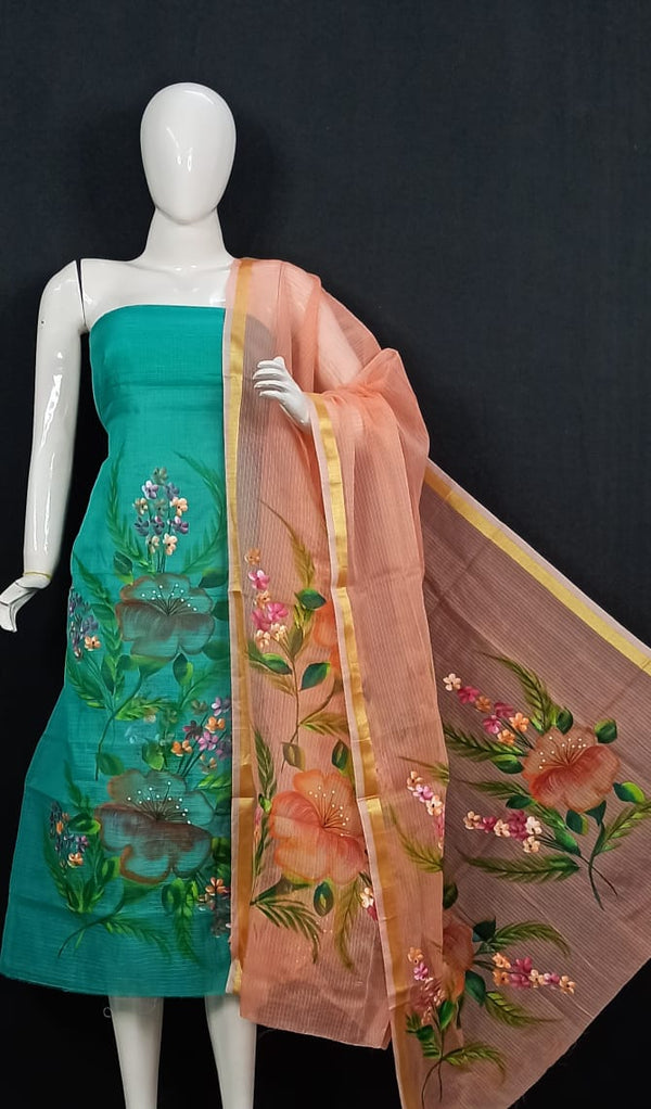 Kota Doria Hand Brush Painted Salwar Suit - Leheriya