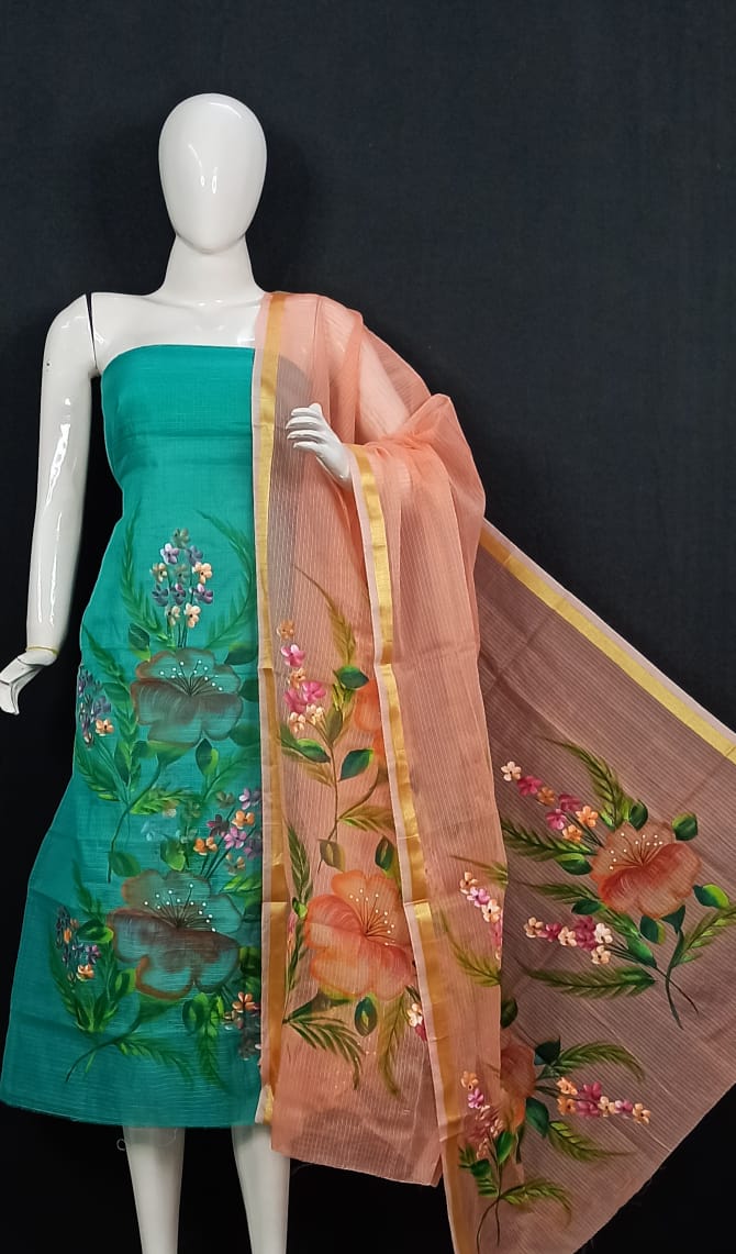 Kota Doria Hand Brush Painted Salwar Suit - Leheriya