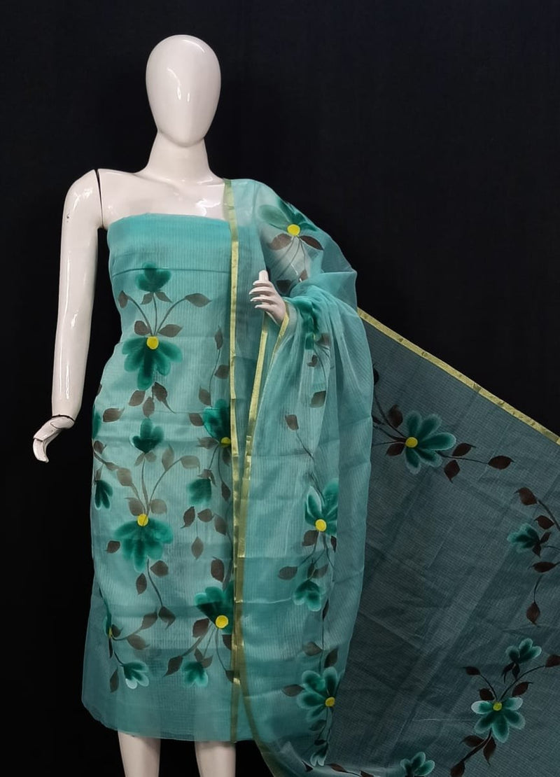 Kota Doria Hand Brush Painted Salwar Suit - Leheriya