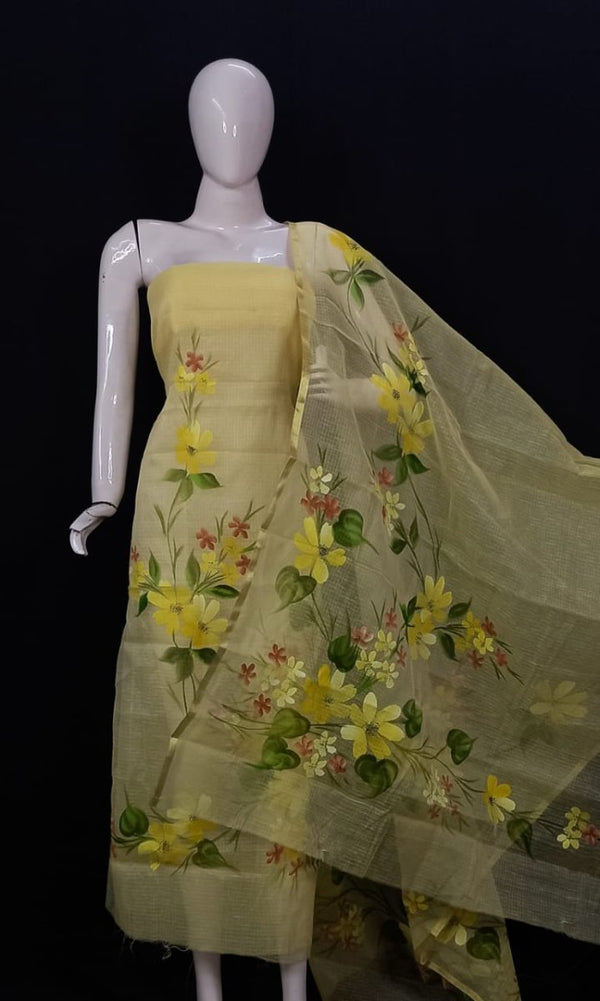 Kota Doria Hand Brush Painted Salwar Suit - Leheriya