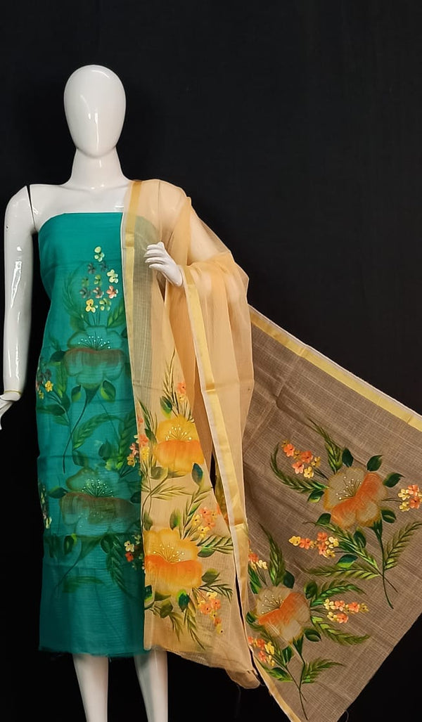 Kota Doria Hand Brush Painted Salwar Suit - Leheriya