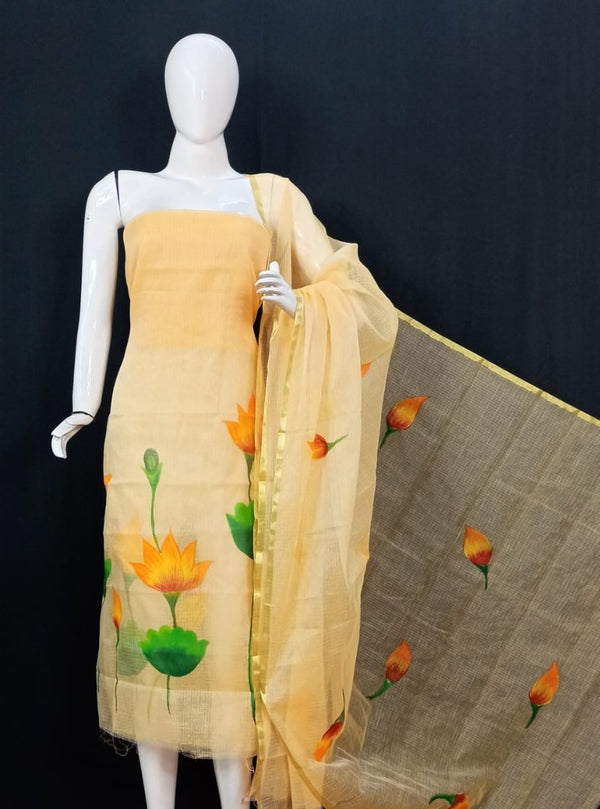 Kota Doria Hand Brush Painted Salwar Suit - Leheriya