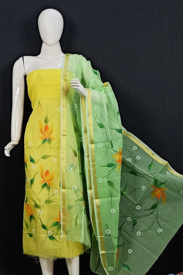 Kota Doria Hand Brush Painted Salwar Suit - Leheriya