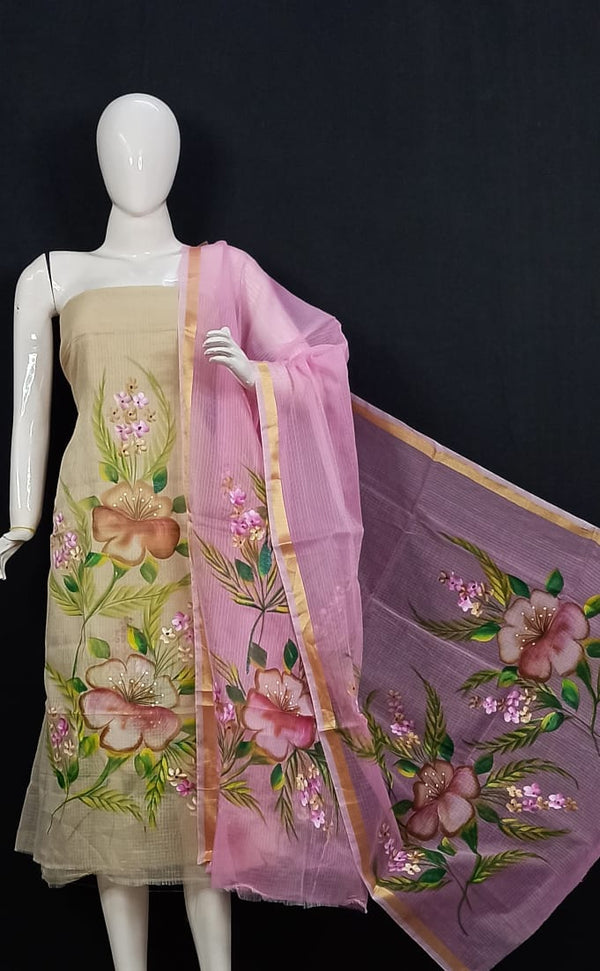 Kota Doria Hand Brush Painted Salwar Suit - Leheriya