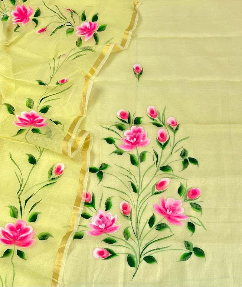 Kota Doria Hand Brush Painted Salwar Suit - Leheriya