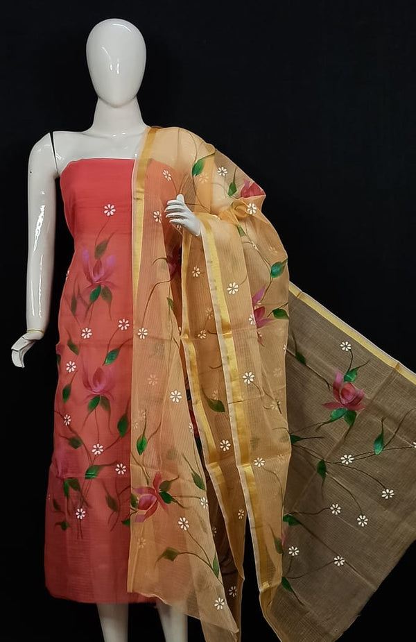 Kota Doria Hand Brush Painted Salwar Suit - Leheriya