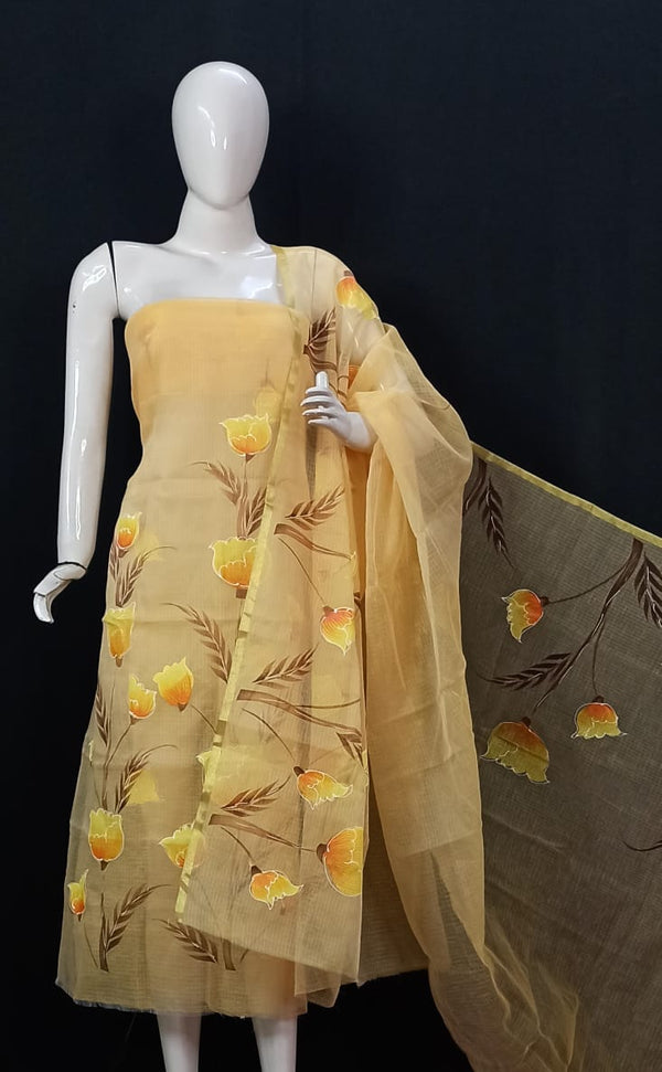 Kota Doria Hand Brush Painted Salwar Suit - Leheriya