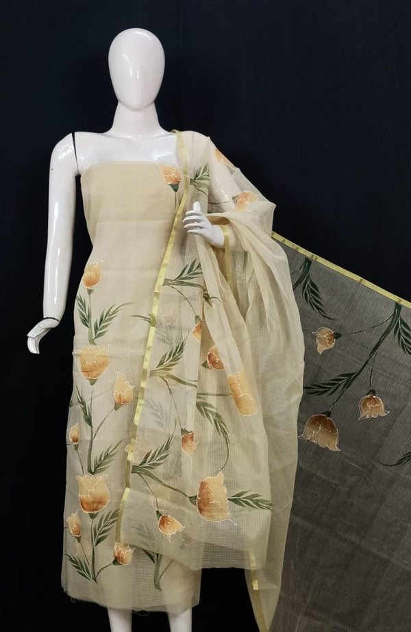 Kota Doria Hand Brush Painted Salwar Suit - Leheriya