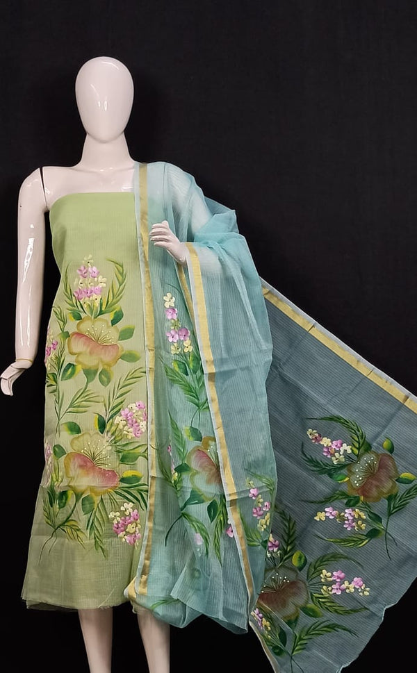 Kota Doria Hand Brush Painted Salwar Suit - Leheriya