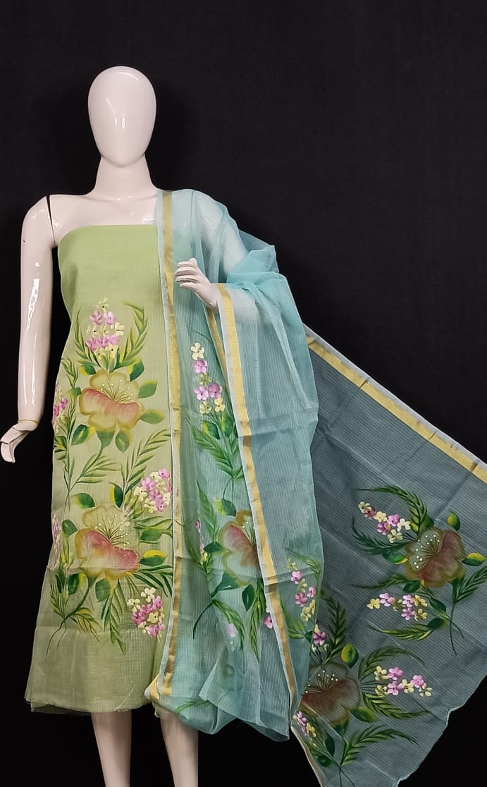 Kota Doria Hand Brush Painted Salwar Suit - Leheriya