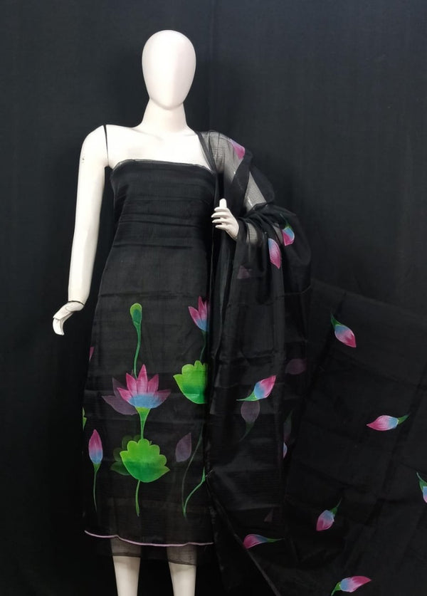 Kota Doria Hand Brush Painted Salwar Suit - Leheriya