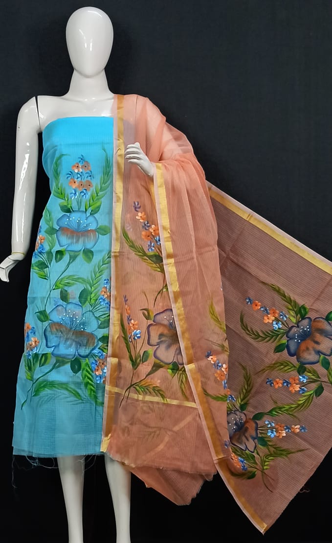 Kota Doria Hand Brush Painted Salwar Suit - Leheriya