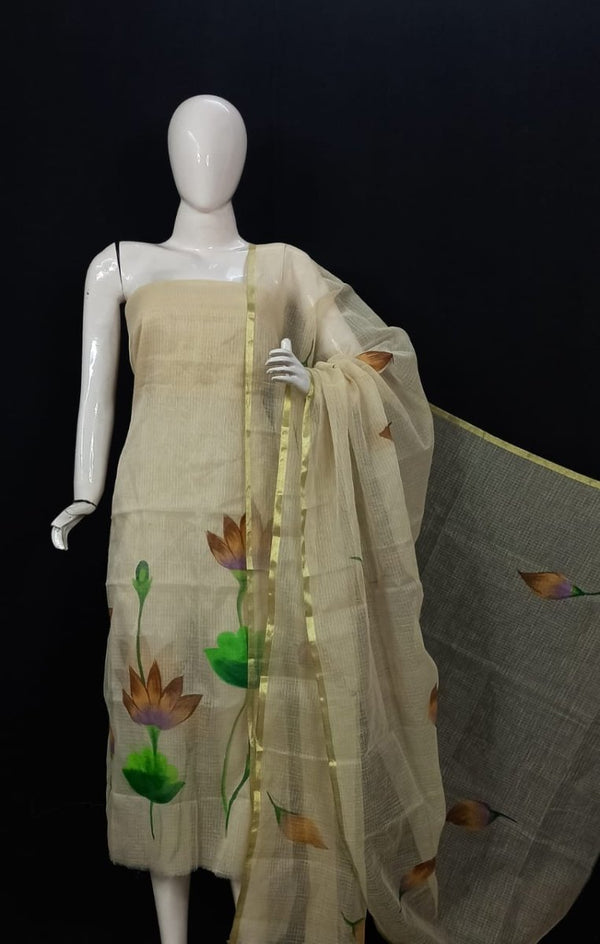 Kota Doria Hand Brush Painted Salwar Suit - Leheriya