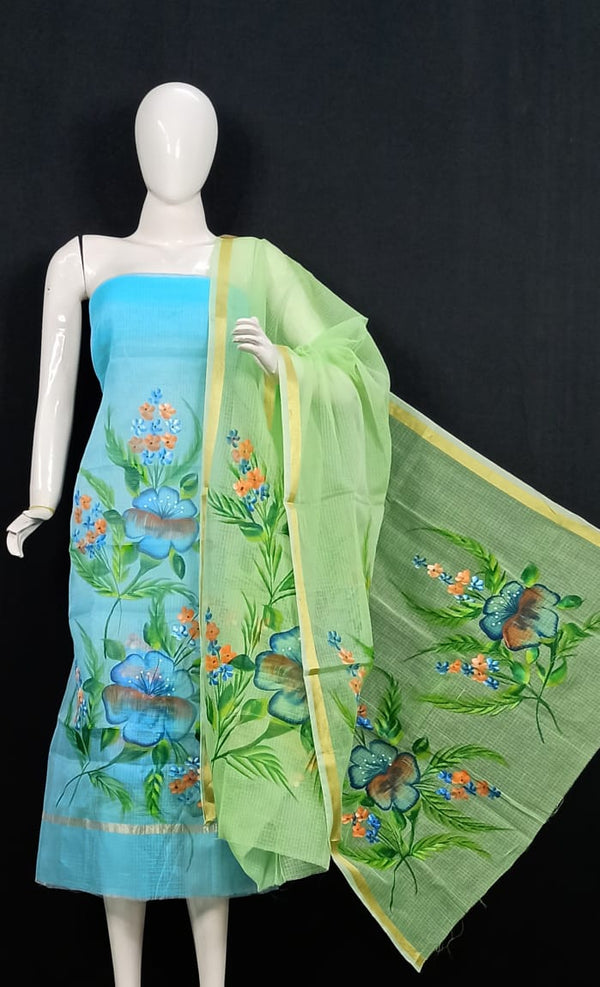 Kota Doria Hand Brush Painted Salwar Suit - Leheriya