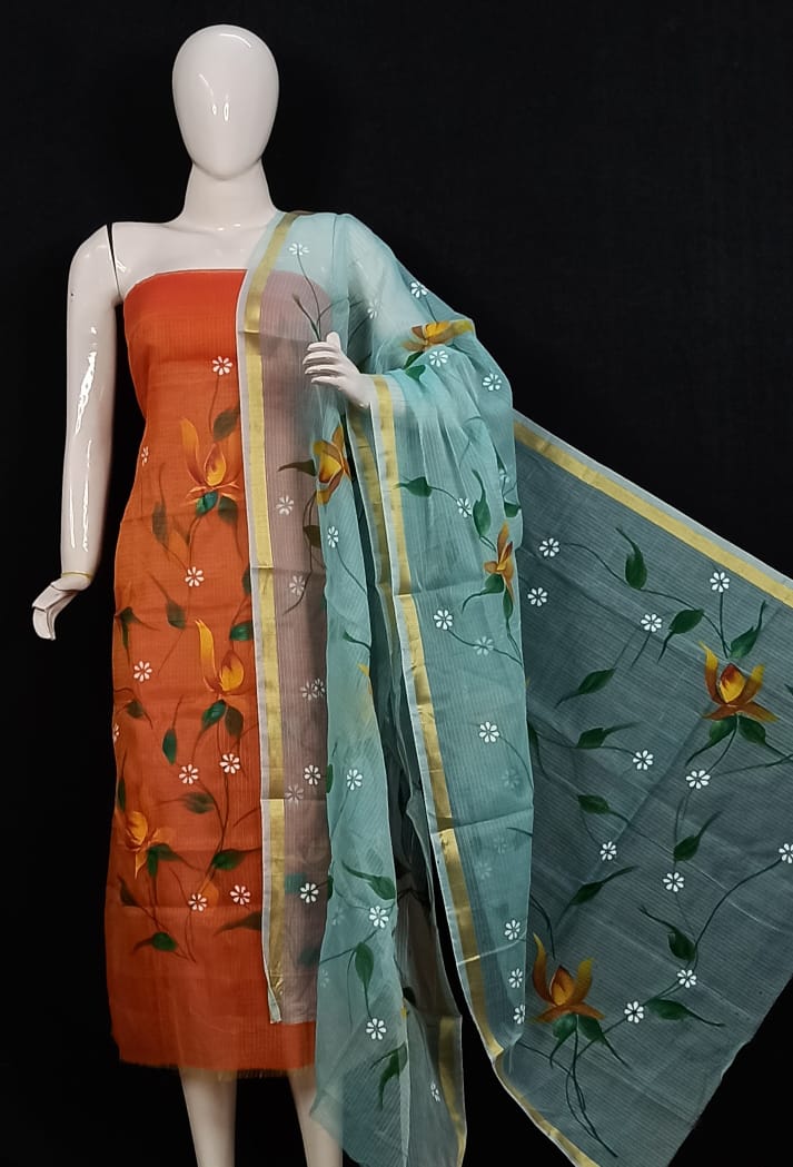 Kota Doria Hand Brush Painted Salwar Suit - Leheriya
