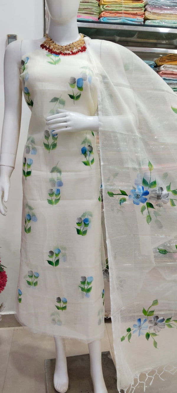 Kota Doria Hand Brush Painted Salwar Suit - Leheriya