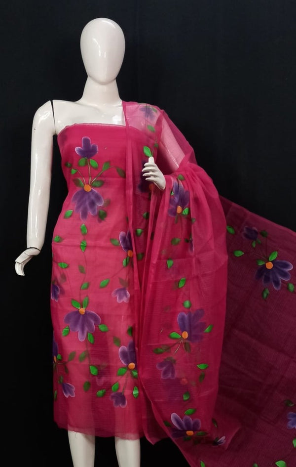 Kota Doria Hand Brush Painted Salwar Suit - Leheriya