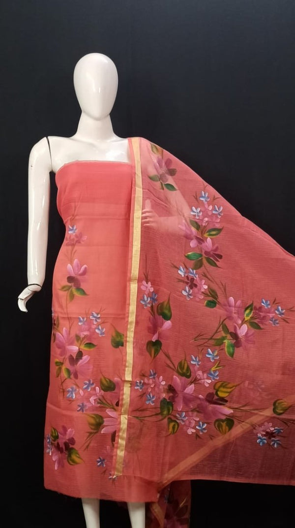 Kota Doria Hand Brush Painted Salwar Suit - Leheriya