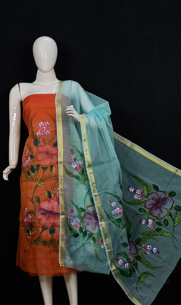 Kota Doria Hand Brush Painted Salwar Suit - Leheriya