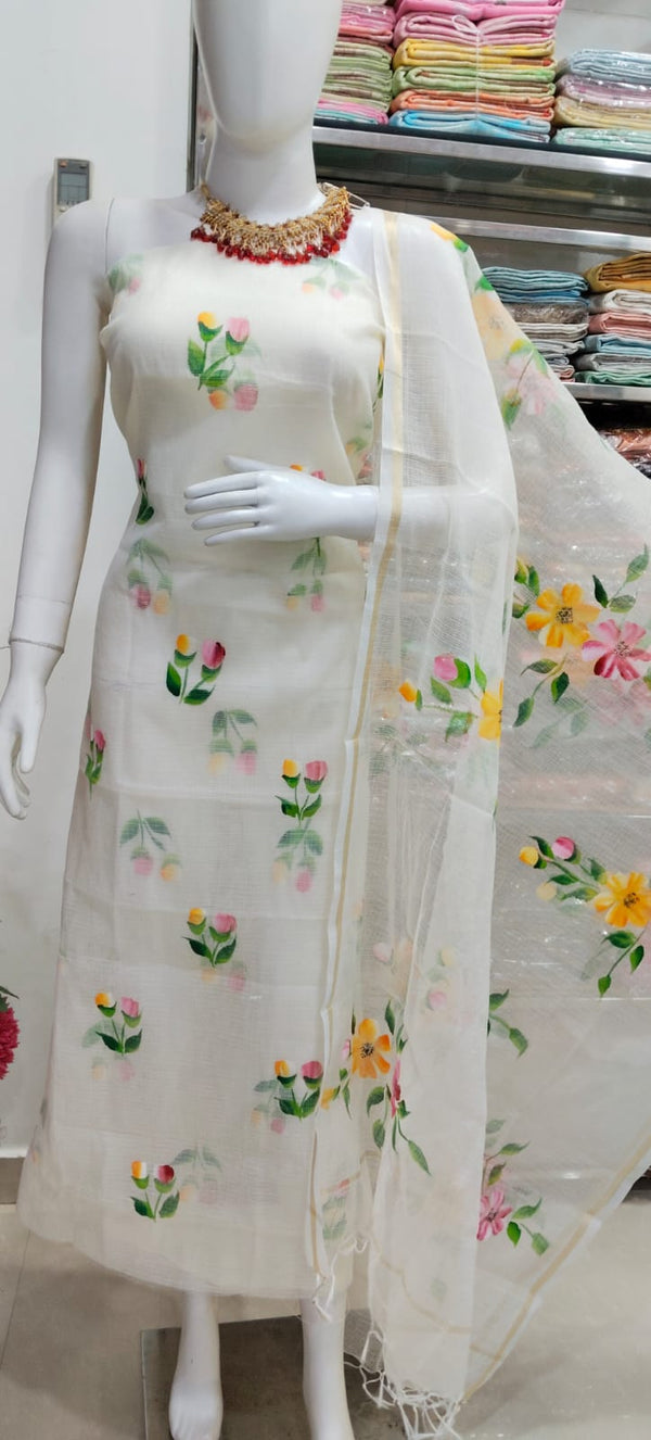 Kota Doria Hand Brush Painted Salwar Suit - Leheriya
