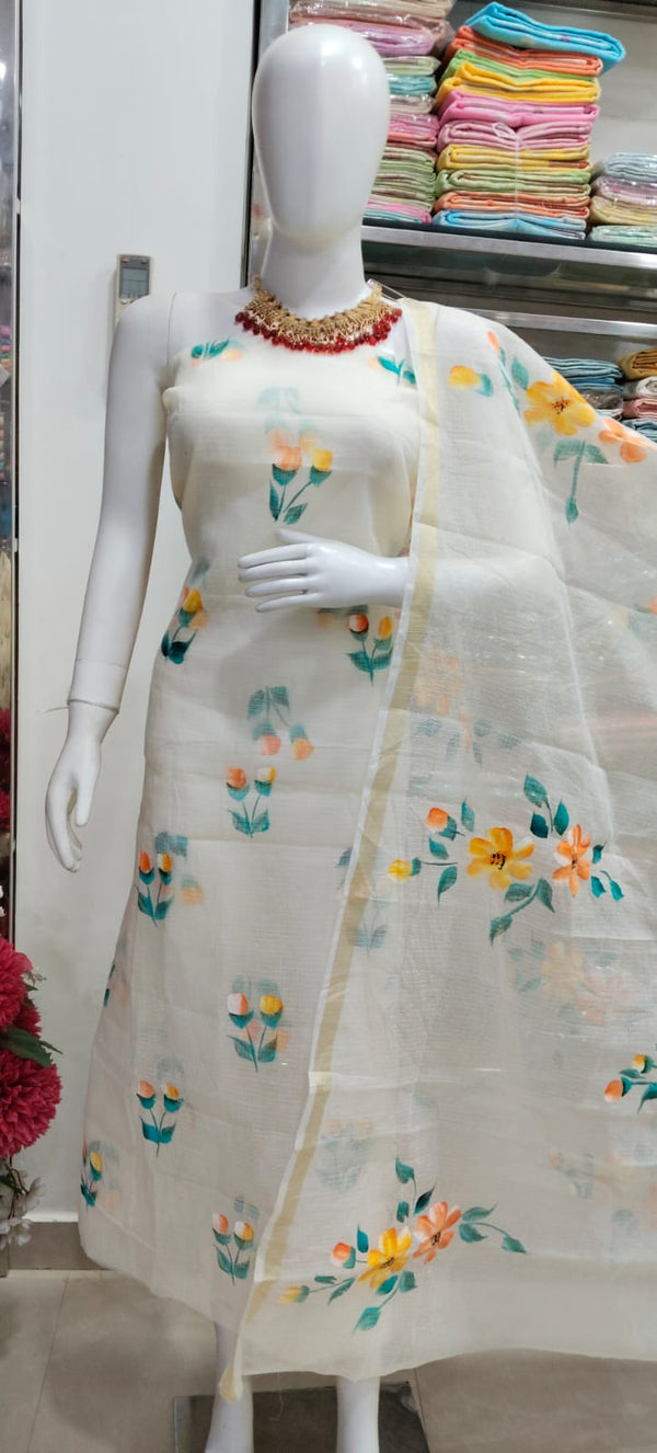 Kota Doria Hand Brush Painted Salwar Suit - Leheriya