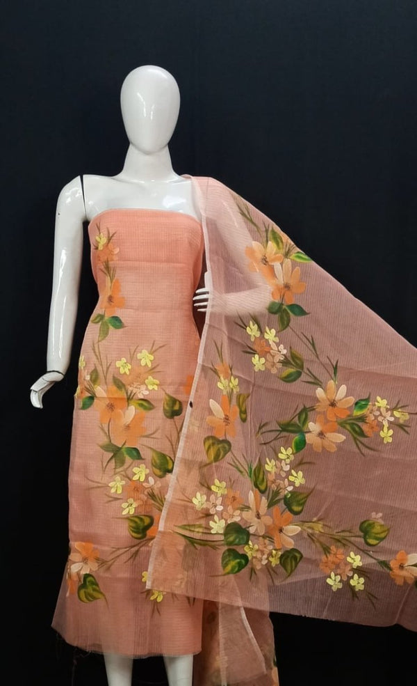 Kota Doria Hand Brush Painted Salwar Suit - Leheriya