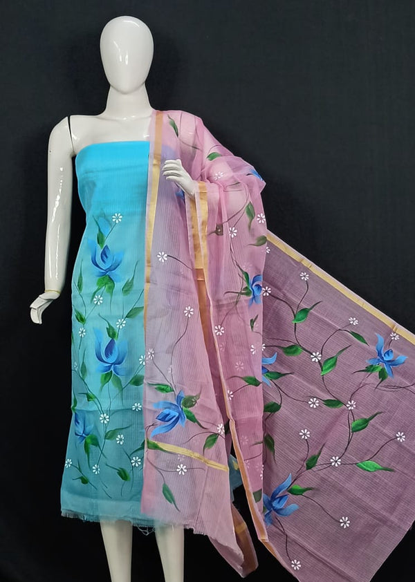 Kota Doria Hand Brush Painted Salwar Suit - Leheriya