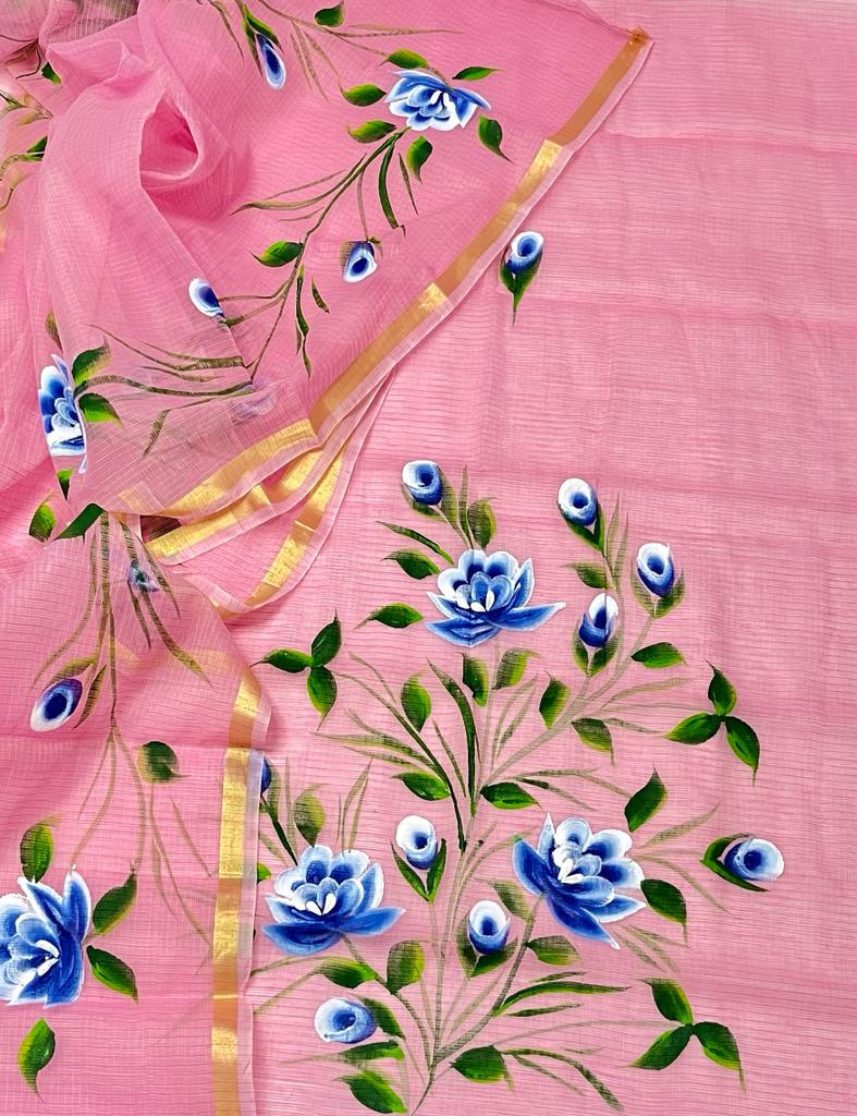 Kota Doria Hand Brush Painted Salwar Suit - Leheriya