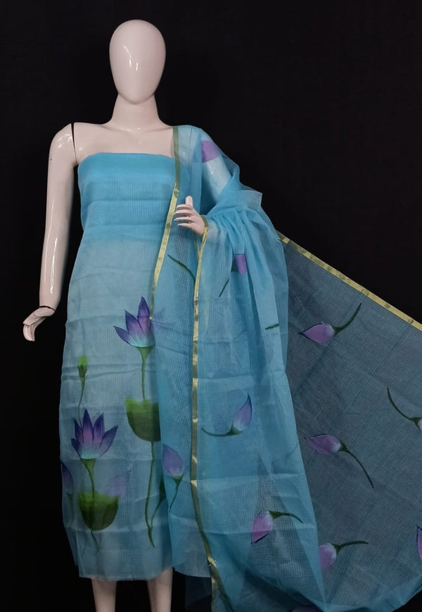 Kota Doria Hand Brush Painted Salwar Suit - Leheriya