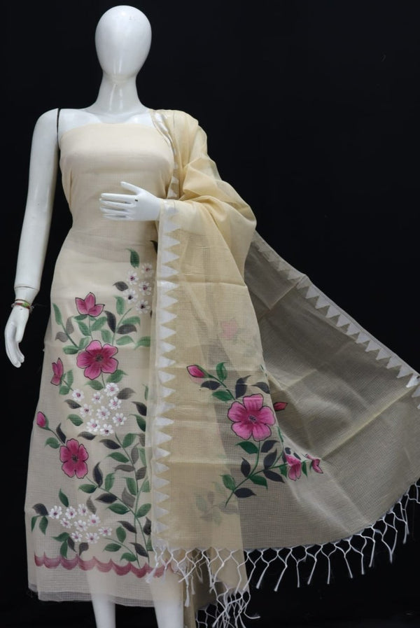 Kota Doria Hand Brush Painted Salwar Suit with Temple Border Dupatta - Leheriya