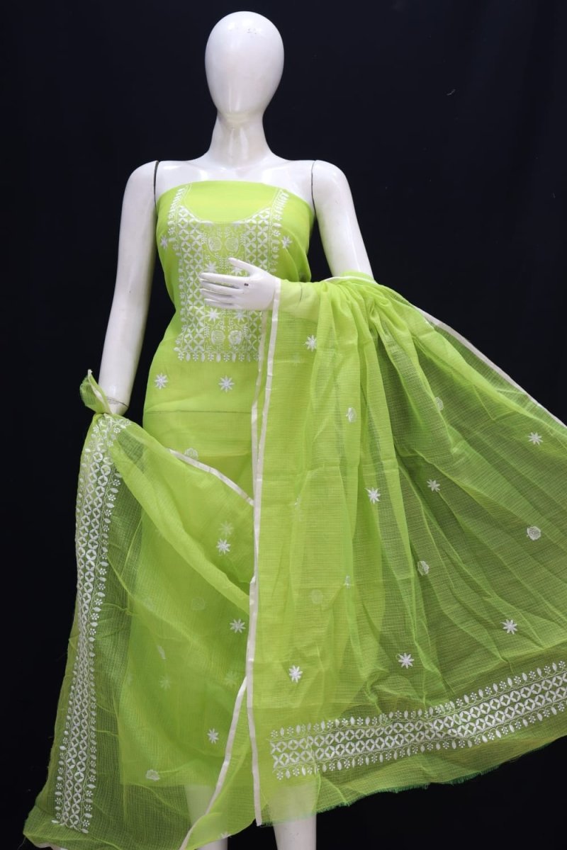 Kota Doria Salwar Kameez with Chikankari Motifs | Green Mist | - Leheriya