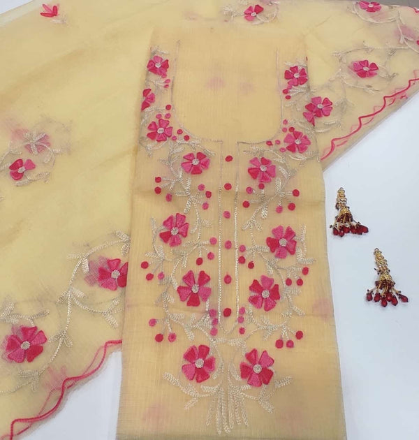Kota Doria Salwar Suit with Aari Work - Leheriya