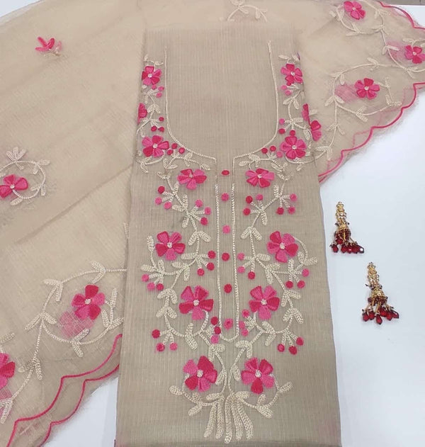 Kota Doria Salwar Suit with Aari Work - Leheriya