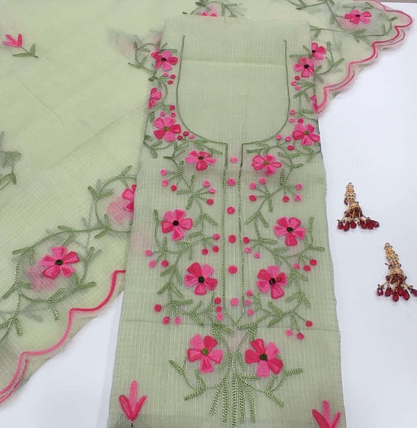 Kota Doria Salwar Suit with Aari Work - Leheriya