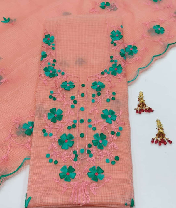 Kota Doria Salwar Suit with Aari Work - Leheriya