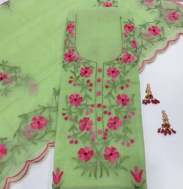 Kota Doria Salwar Suit with Aari Work - Leheriya
