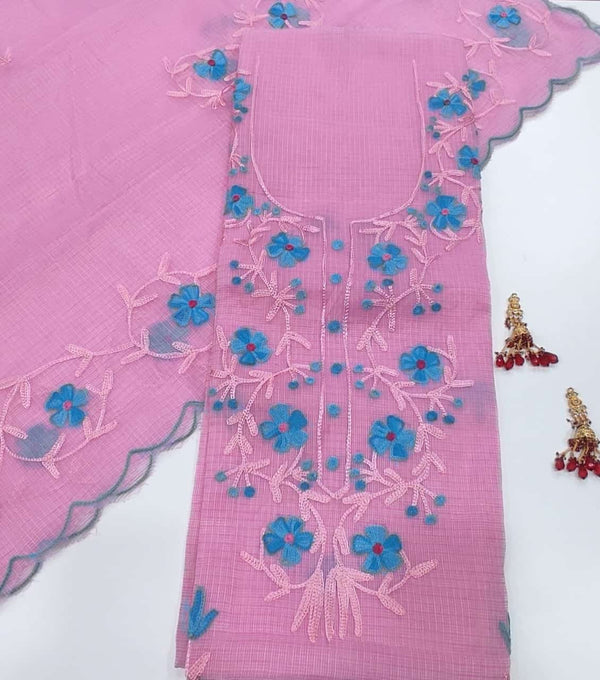 Kota Doria Salwar Suit with Aari Work - Leheriya