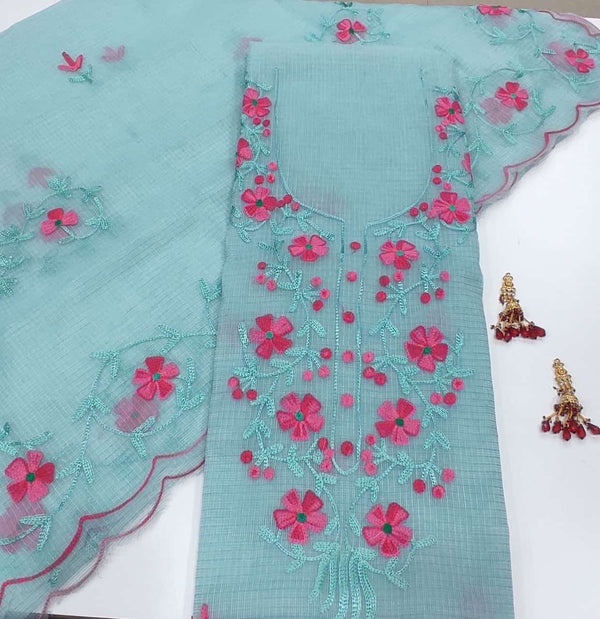Kota Doria Salwar Suit with Aari Work - Leheriya