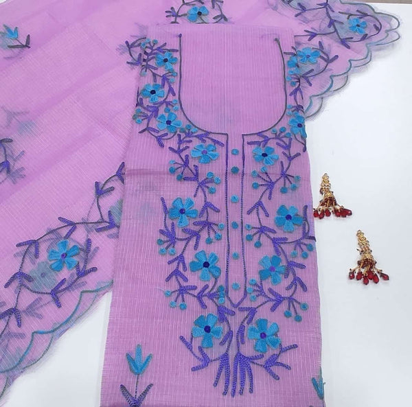 Kota Doria Salwar Suit with Aari Work - Leheriya