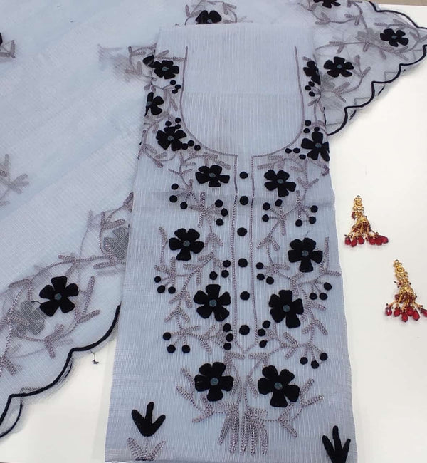 Kota Doria Salwar Suit with Aari Work - Leheriya