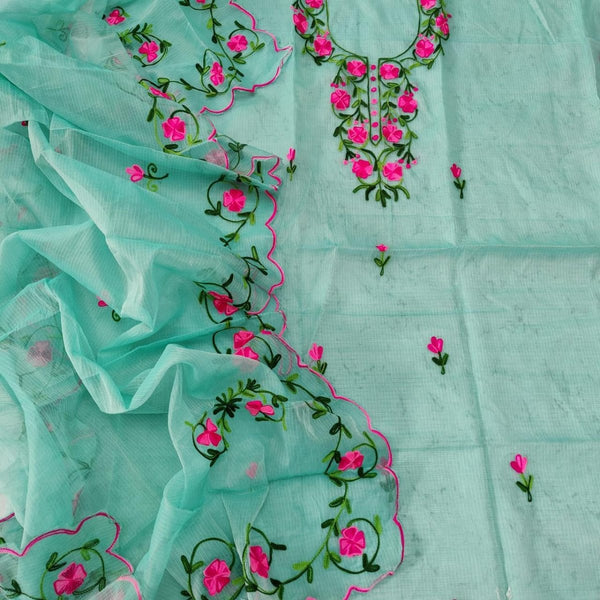 Kota Doria Salwar Suit with Aari Work Embroidery - Leheriya