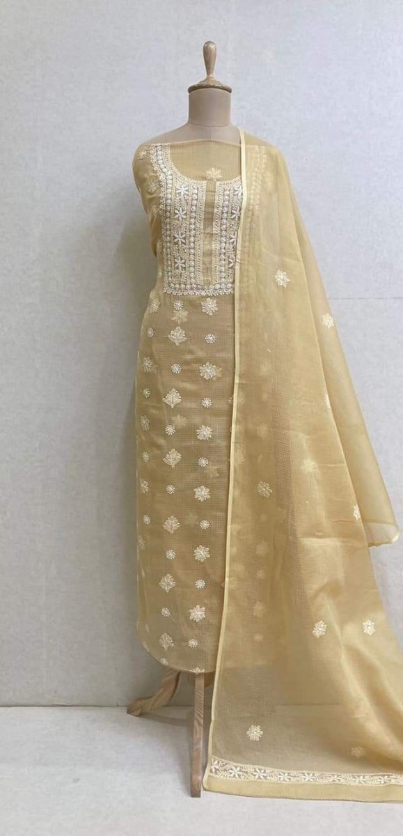 Kota Doria Salwar Suit with Embroidery Work - Leheriya