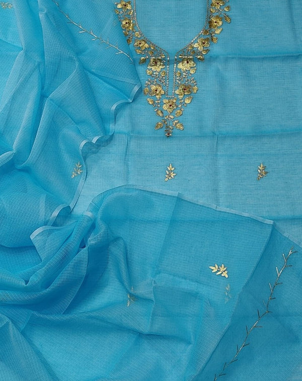 Kota Doria Salwar Suit with Hand Pittan Work - Leheriya