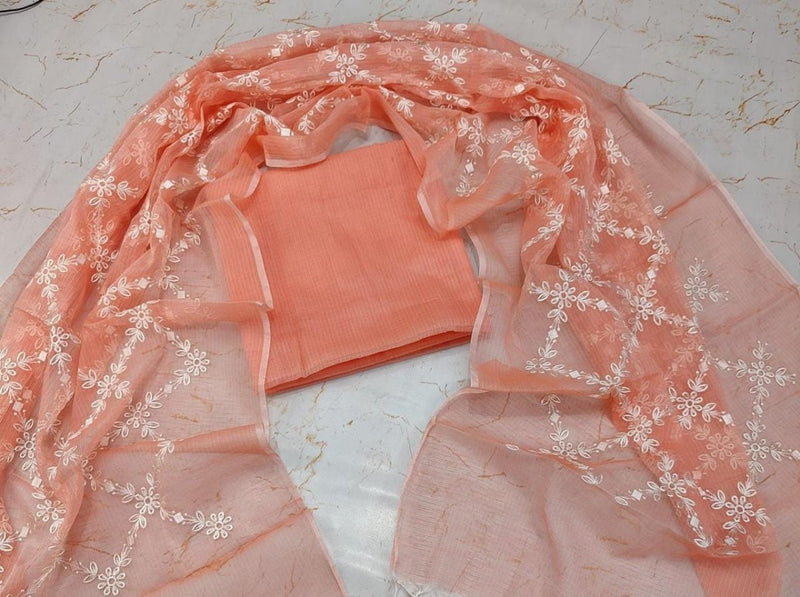 Kota Doria Salwar Suit with Heavy Embroidery Work Dupatta - Leheriya