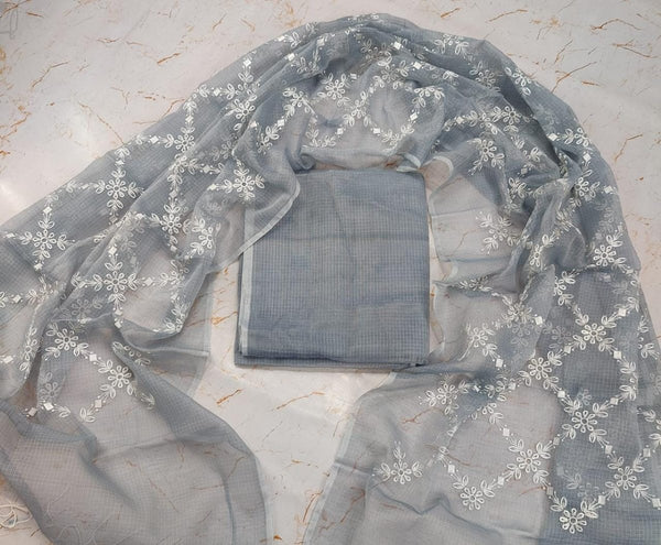 Kota Doria Salwar Suit with Heavy Embroidery Work Dupatta - Leheriya