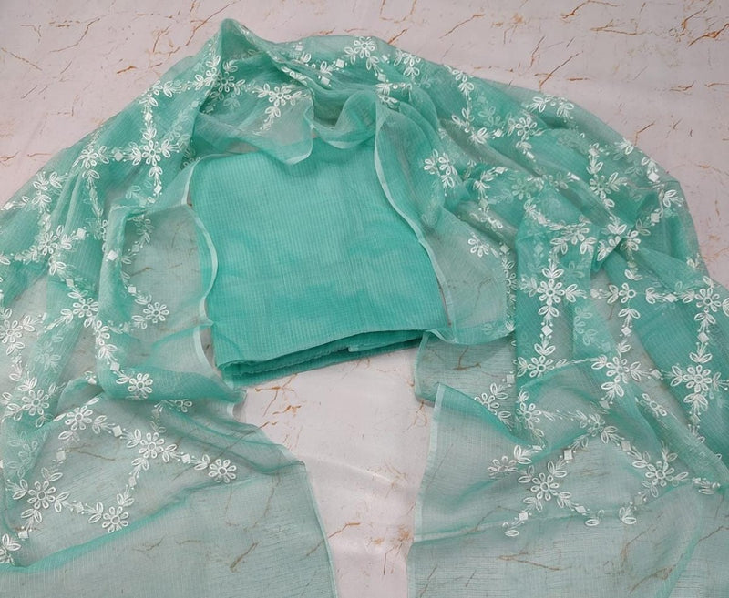 Kota Doria Salwar Suit with Heavy Embroidery Work Dupatta - Leheriya