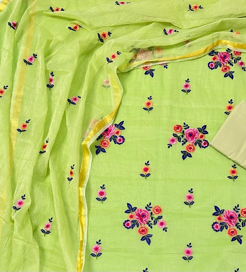 Kota Doria Unstitched Salwar Suit with Plain Bottom - Leheriya